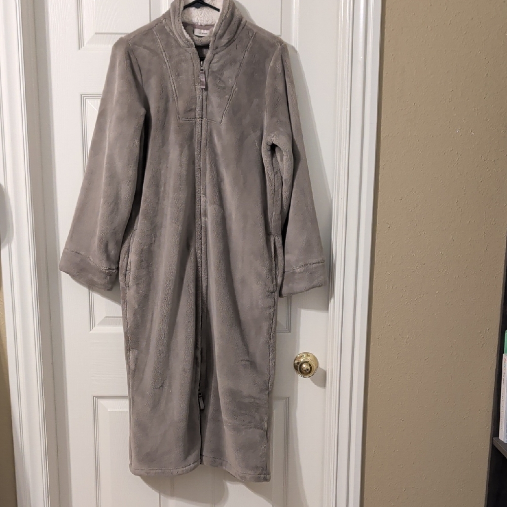 L.L. Bean Petite XS Full Zip Robe Gray White Trim Pockets Cozy